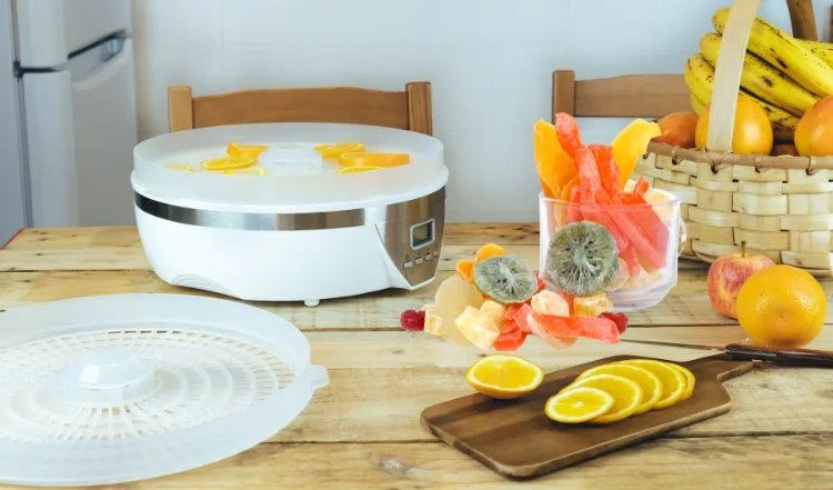 Image of food dehydrator so you can dehydrate fruit and veggies you buy on sale, in bulk and save money while lower food waste.