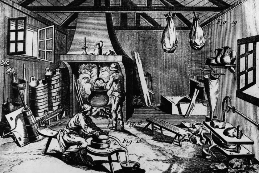1768 - Dairy operations with cheeses hanging up to mature, a cauldron being heated and a man separating the whey.