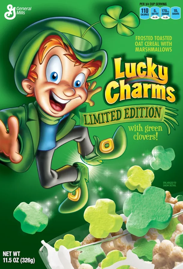 General Mills celebrated the 50th anniversary of Lucky Charms in 2014 with a limited edition
box and light and dark green clover marbits.