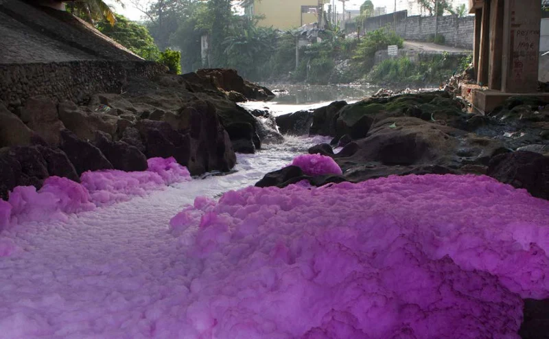 Pink and purple foam on the Tullahan River in the Philippines. The river changes color almost daily. Several manufacturing facilities serving the fast fashion industry, including a dye factory, are located upstream from this site.