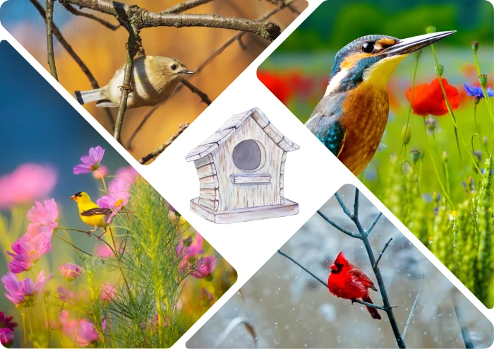 A collage of pictures of birds in four seasons with a graphic of a birdhouse.