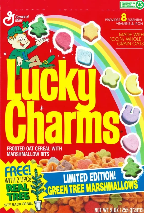 Lucky Charms celebrated its 25th birthday in 1989 with the release of red balloon marshmallows. In 1991, General Mills promoted reforestation by adding green tree marbits to the mix. In fact, with two proofs of purchase, one could receive their own tree to plant.