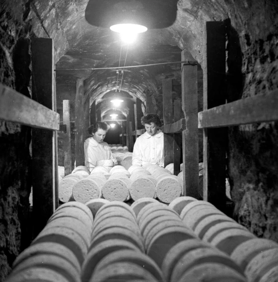 1950 - Two women inspect rows of ripening Roquefort cheeses in a cave under the French town of Roquefort.