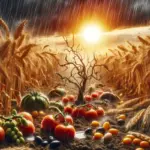 An image depicting a withering field with crops like tomatoes, olives, and wheat under a harsh sun, symbolizing the impact of climate change on agriculture.