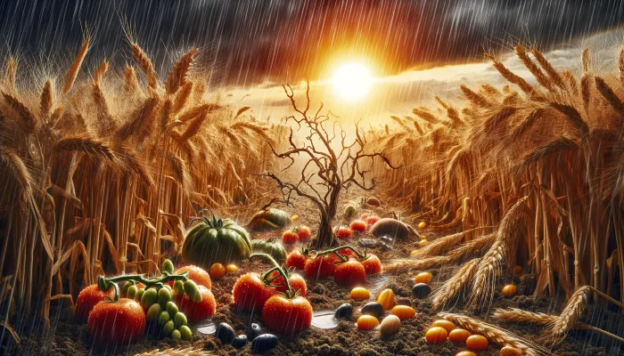 An image depicting a withering field with crops like tomatoes, olives, and wheat under a harsh sun, symbolizing the impact of climate change on agriculture.