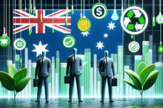 An image showing Australian regulators, depicted as figures in business attire, scrutinizing greenwashing practices in the financial sector.