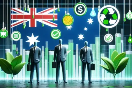 An image showing Australian regulators, depicted as figures in business attire, scrutinizing greenwashing practices in the financial sector.