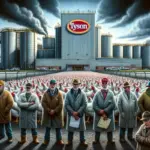 The image shows a group of distressed chicken farmers in Stoddard County, Missouri, standing against the local Tyson facility.