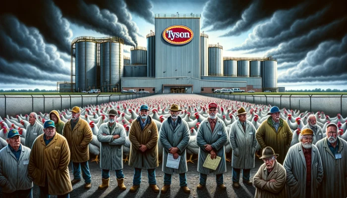 The image shows a group of distressed chicken farmers in Stoddard County, Missouri, standing against the local Tyson facility.