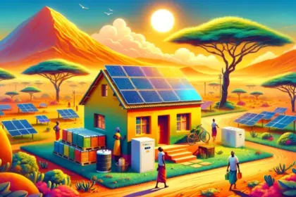 A vibrant and colorful scene in rural Africa showing a small house with solar panels on the roof and a battery storage unit beside it.