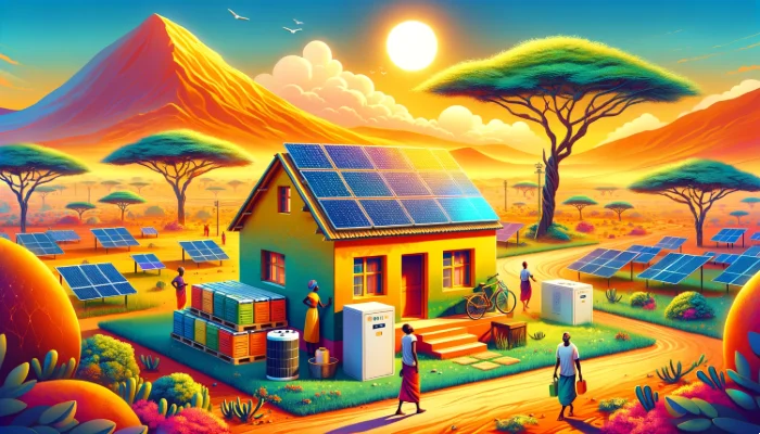 A vibrant and colorful scene in rural Africa showing a small house with solar panels on the roof and a battery storage unit beside it.