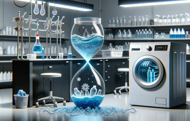 A modern laboratory setting with a unique focus on the intersection of laundry and science. The scene includes a laundry machine alongside laboratory equipment.