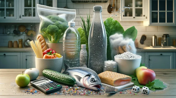 An image showing the widespread presence of microplastics in everyday items. The image includes a variety of common objects such as carrots, fish, cucumber, milk, water and a calculator.