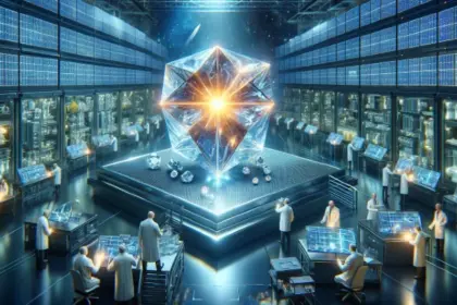 An image depicting a futuristic laboratory with scientists examining a glowing, crystalline structure.