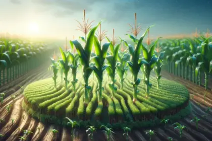 An image depicting a field of short-stature corn hybrids, highlighting the innovative agricultural development.