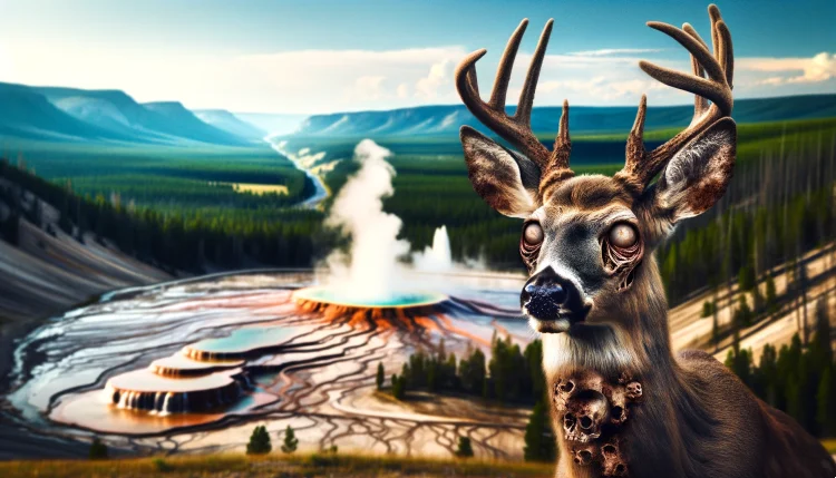 A featured image about the 'zombie deer disease' epidemic in Yellowstone National Park. The image shows a deer with a haunting, vacant stare that appears to be slowly dying.
