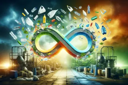 A dynamic, inspiring image showing a loop symbol made of recycled plastic, with low-density polyethylene (LDPE) items like grocery bags and squeeze bottles.