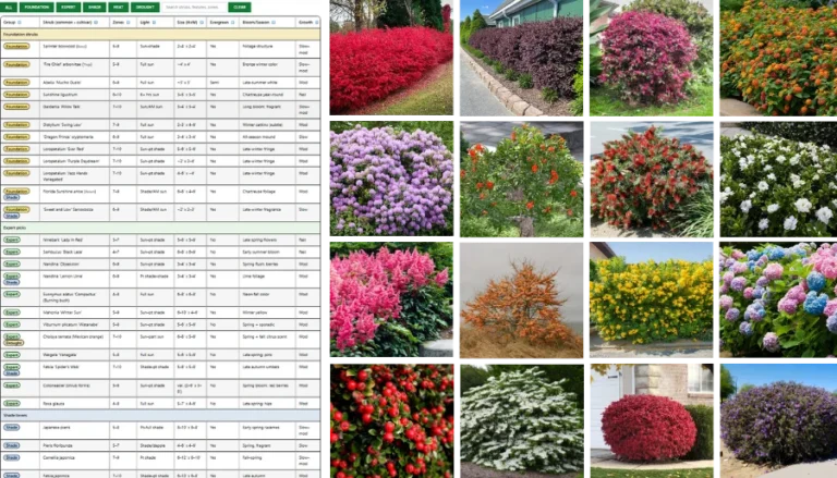Interactive shrub comparison chart showing filters for shade, sun, drought and zones